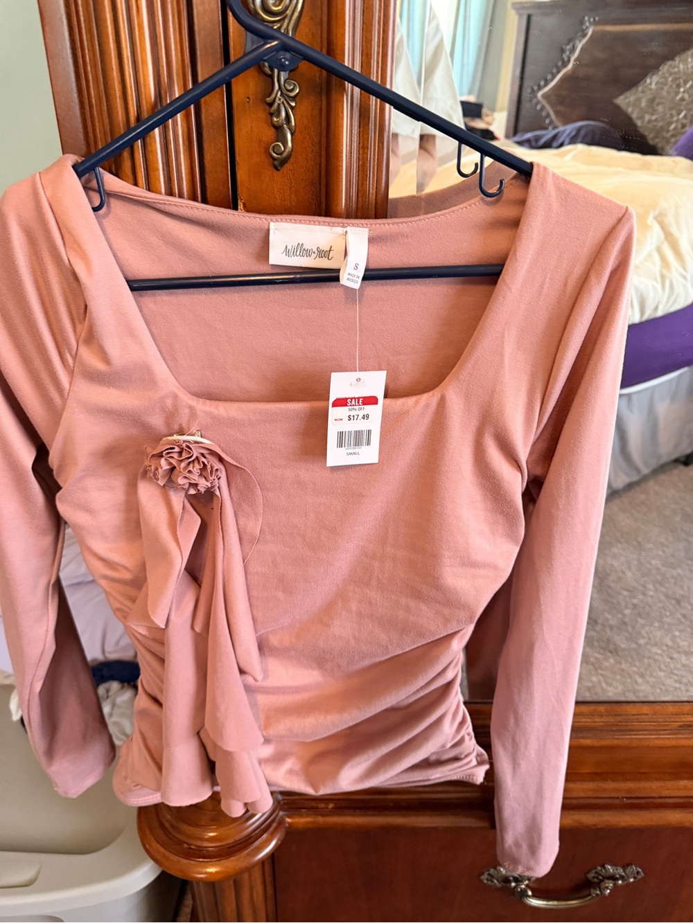 Willow & Root Dusty Rose Long-Sleeve Square Neck Top with Side Rosette